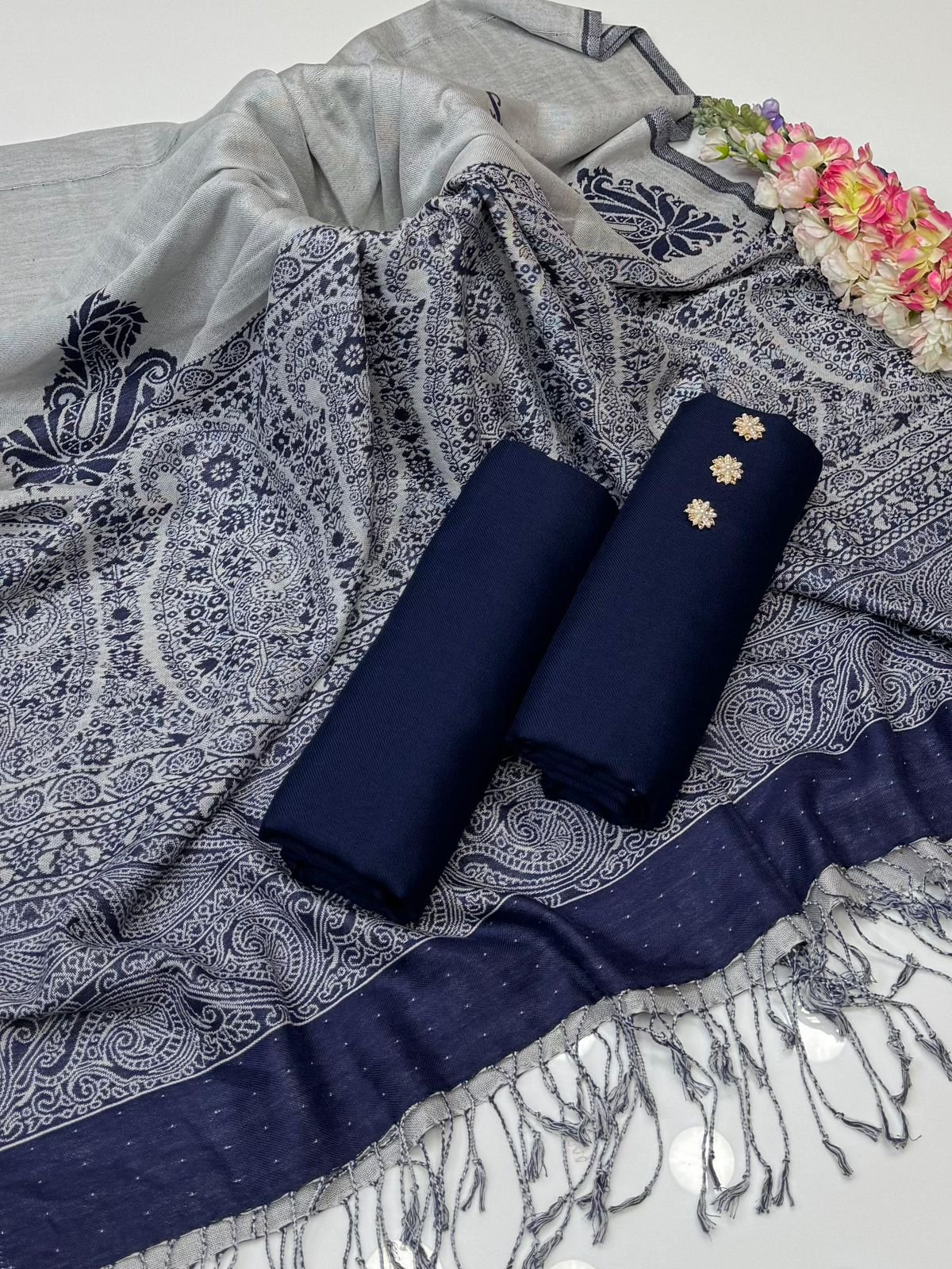 Pure Pashmina 72 Grade Jacquard Shawl 3PC Dress - Image 4