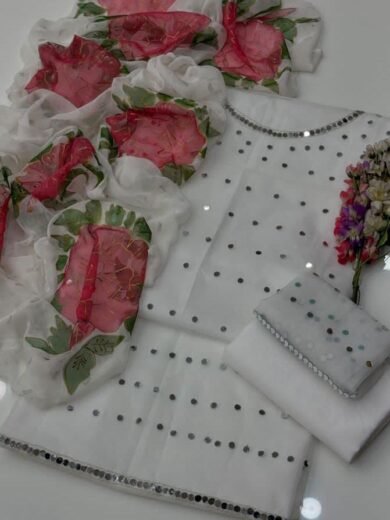 Luxury Mirror Work Organza 3-Piece Ensemble