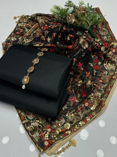 Heavy Indian Embroidered Organza Dupatta 3-Piece Kattan Silk Dress