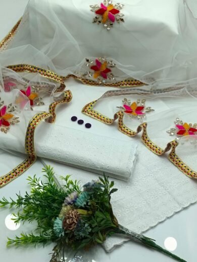 White Chicken Kari Cotton Suit with Net Mirror Dupatta