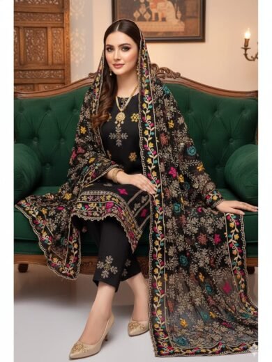 Phulkari Style Khaddi Net 3PC Suit with Heavy Jaal Embroidery