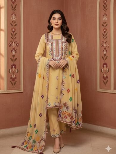 Traditional Lawn 3PC Suit with Heavy Embroidery & Chiffon Dupatta