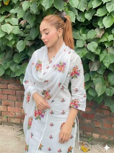 Paper Cotton Cross-Stitch Embroidered 3PC Suit with Qatan Silk Trouser