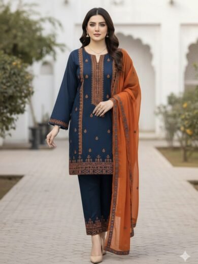 Cotton Cross Stitch Embroidered 3PC Suit with Chiffon Dupatta