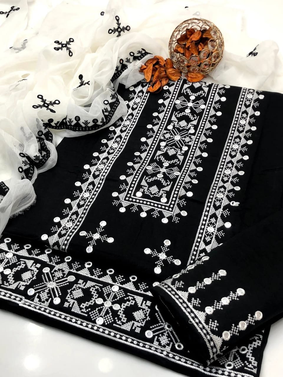 Cross Stitch Contrast Lawn Cotton 4PC Suit with Mirror Embroidery - Image 3