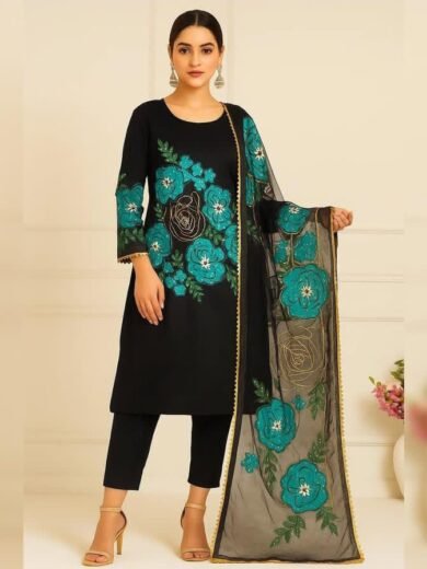 Handmade Oil Painted 3PC Organza Dress with Katan Silk Trouser