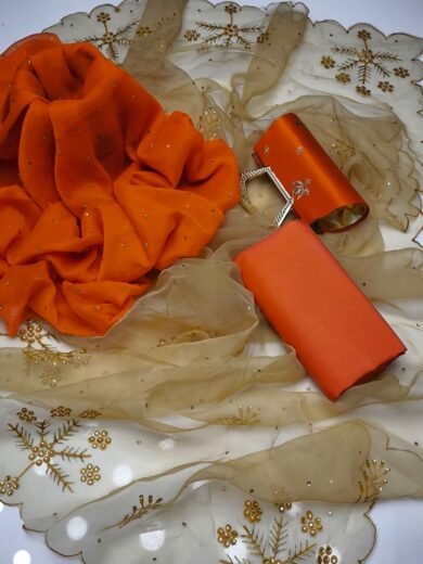 Chiffon Kundan Work 3PC Suit with Handpaint Organza Dupatta