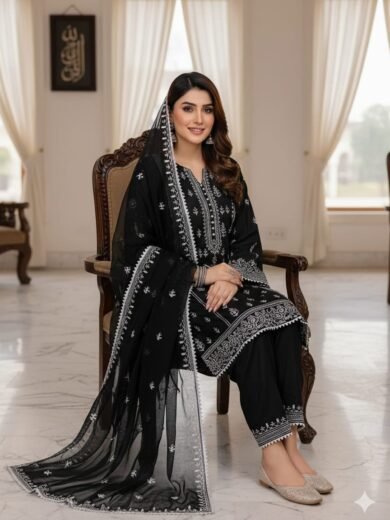 Black & White Cross Stitch Embroidered Lawn 3PC Suit