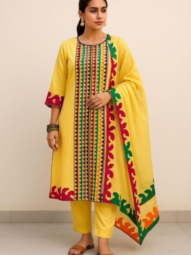 Handmade Big Flower Applique GTM Lawn 3PC Suit