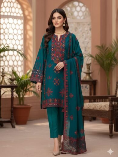 Traditional Heavy Embroidered Lawn 3PC Dress with Chiffon Dupatta