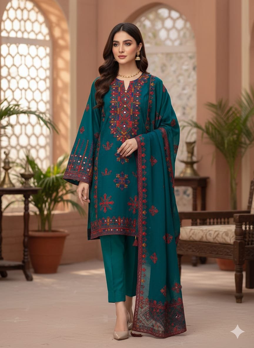 Traditional Heavy Embroidered Lawn 3PC Dress with Chiffon Dupatta