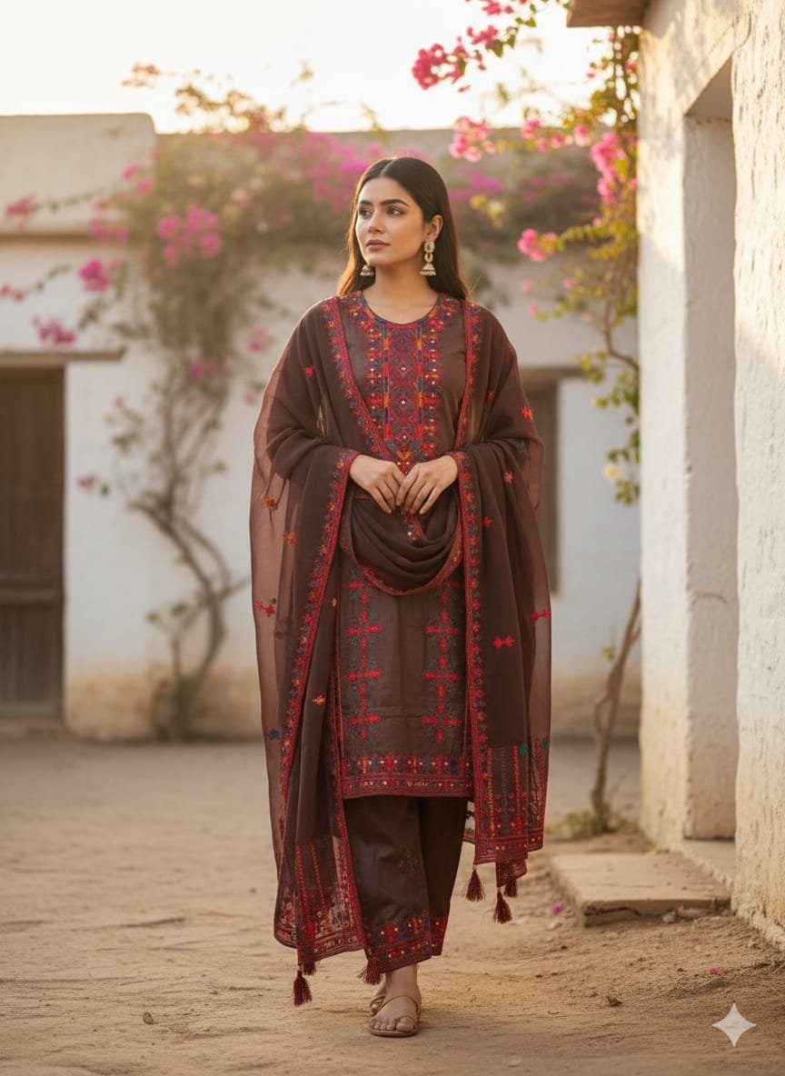 Traditional Heavy Embroidered Lawn 3PC Dress with Chiffon Dupatta - Image 2