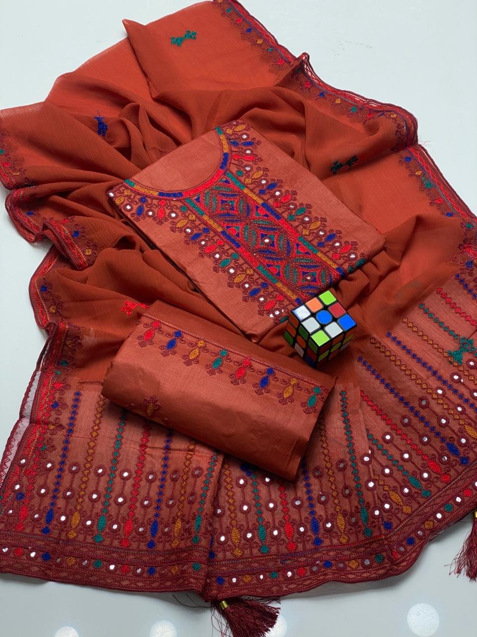 Traditional Heavy Embroidered Lawn 3PC Dress with Chiffon Dupatta - Image 4