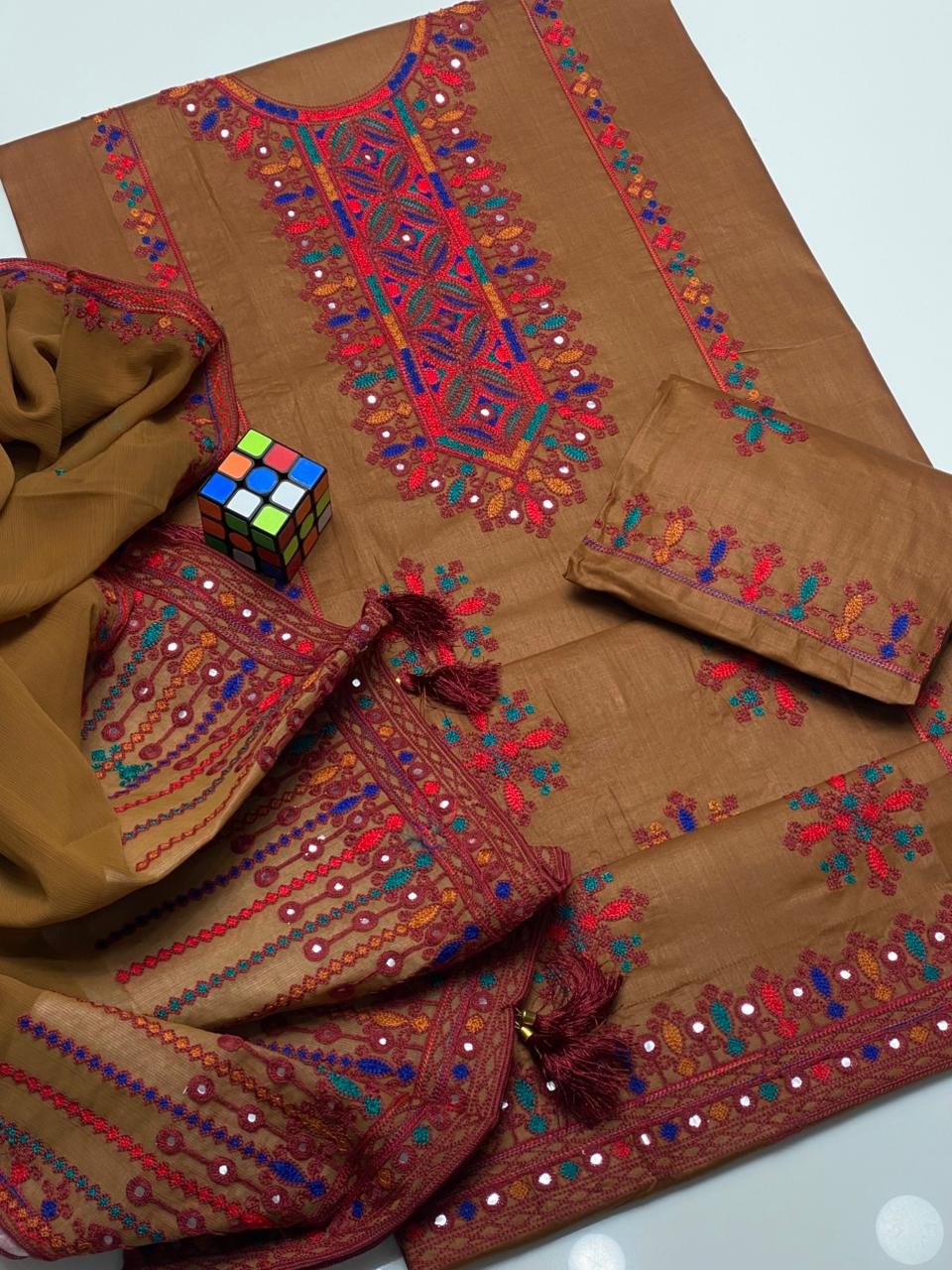 Traditional Heavy Embroidered Lawn 3PC Dress with Chiffon Dupatta - Image 3
