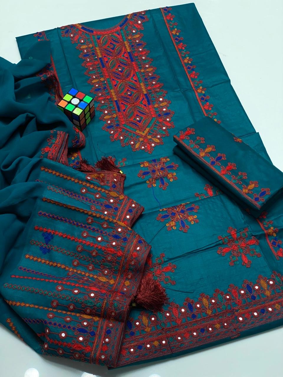 Traditional Heavy Embroidered Lawn 3PC Dress with Chiffon Dupatta - Image 6