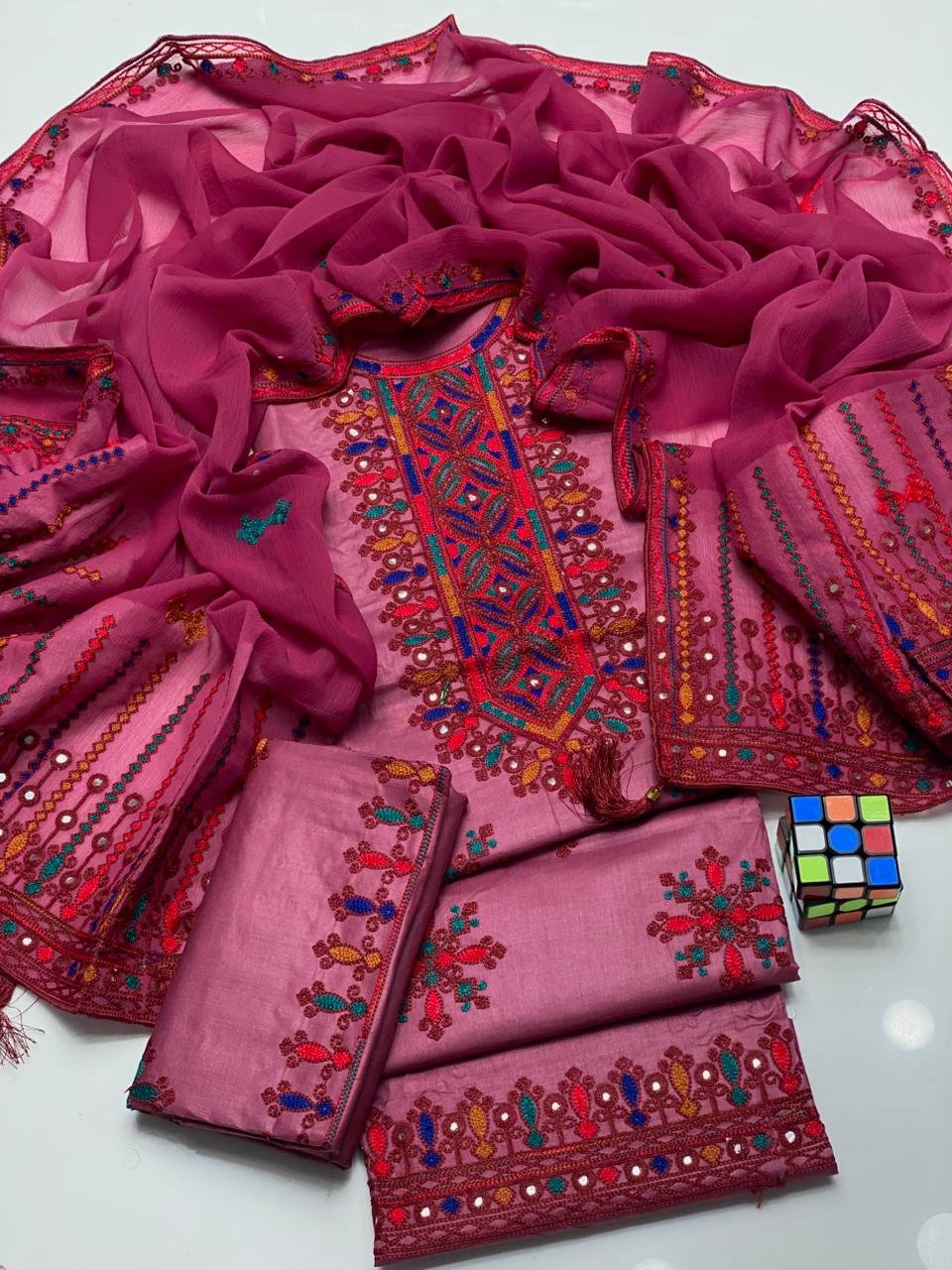 Traditional Heavy Embroidered Lawn 3PC Dress with Chiffon Dupatta - Image 5