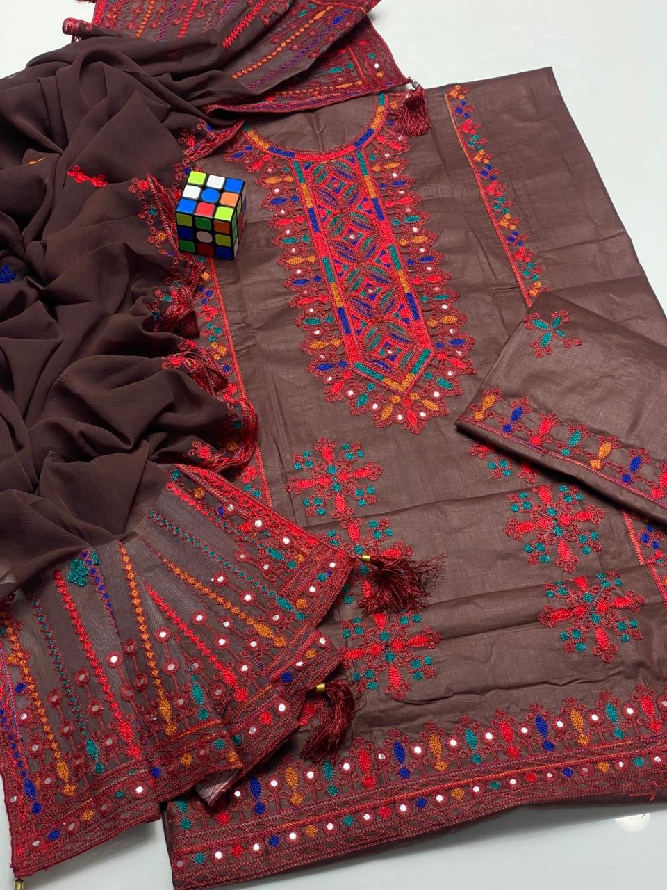 Traditional Heavy Embroidered Lawn 3PC Dress with Chiffon Dupatta - Image 7