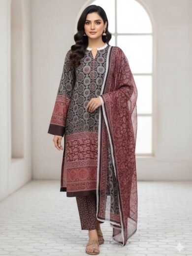 Ajrak Print 3PC Digital Printed Shamooz Silk Suit