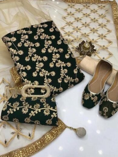 Luxury 5 Piece Mirror Work Net Suit with Khussa & Clutch