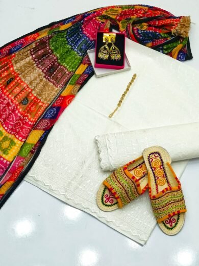 White Chicken Kari 3PC Suit with Multi Chunri Dupatta & Kolapuri Chappal