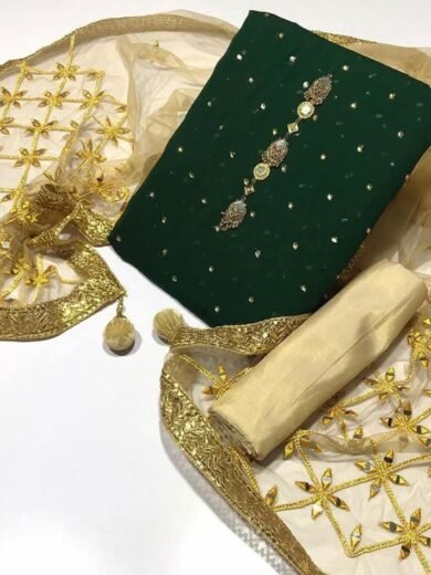 Chiffon Bindi Work 3PC Suit with Net Mirror Aari Dupatta