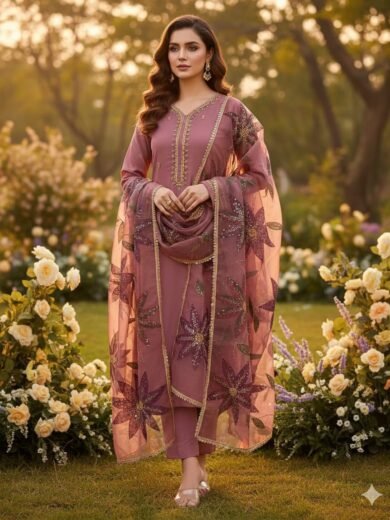 Handwork Stones & Beads Organza Shirt with Zari Oil Paint Dupatta