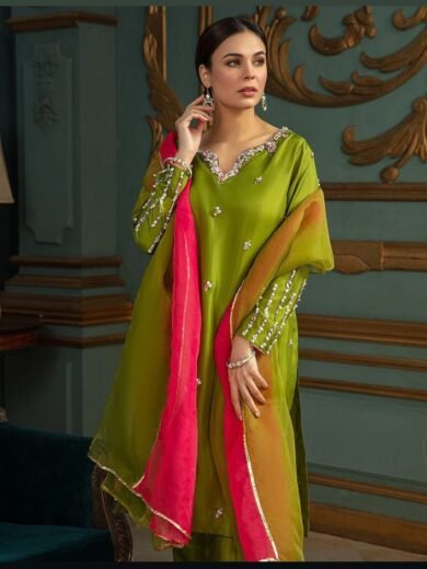 Kattan Silk Crystal & Mooti Handwork 3PC Suit with Organza Dupatta