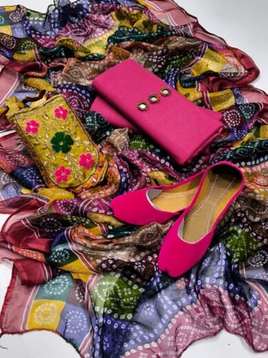 Chunri Style Katan Silk 3PC Summer Suit with Khussa & Potli