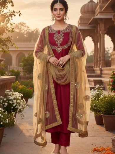 Kattan Silk 3PC Dress with Real Mirror Work & Net Dupatta