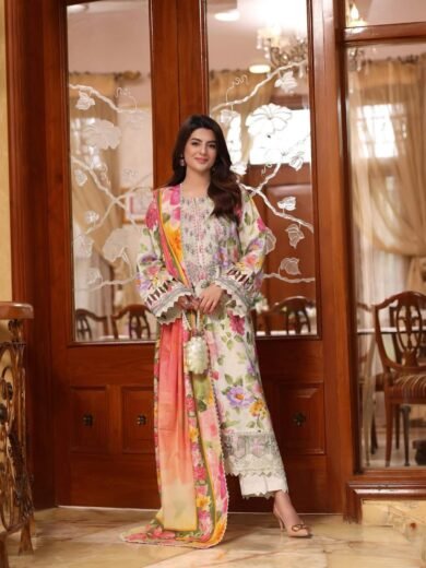 Unstitched Replica Lawn Embroidered Suit with Chiffon Dupatta