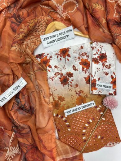 Printed Lawn 3PC Suit with Front Daman Embroidery & Lawn Doria Dupatta