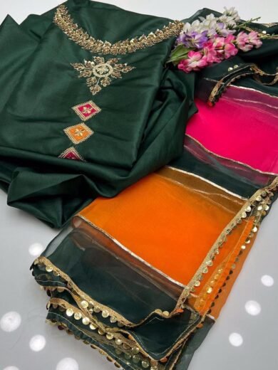Fancy Collection 3PC Kattan Silk Suit with Multi Applique & Organza Dupatta