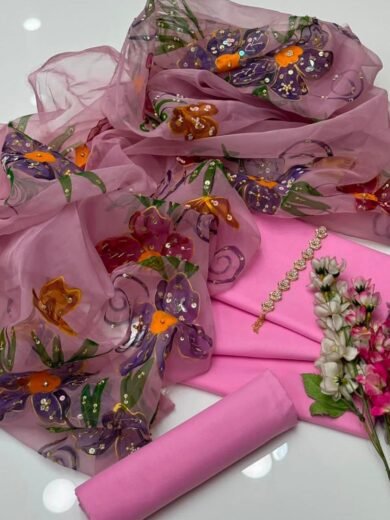 3PC Kattan Suit with Organza Brush Paint Dupatta & Sitari Embroidery