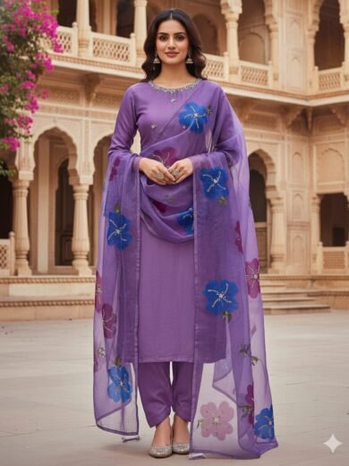 Kathan Silk 3PC Suit with Handmade Work Shirt & Organza Zari Dupatta